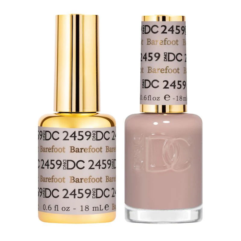 DND DC Gel Duo Barefoot nail polish and lacquer set with vibrant, glossy gel nail colors in a professional display