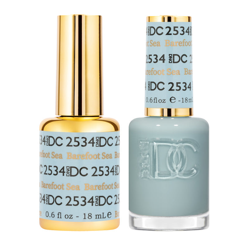 DND DC Gel Duo Barefoot Sea nail polish and lacquer set in shade 2534, featuring a glossy, vibrant blue gel and lacquer finish.