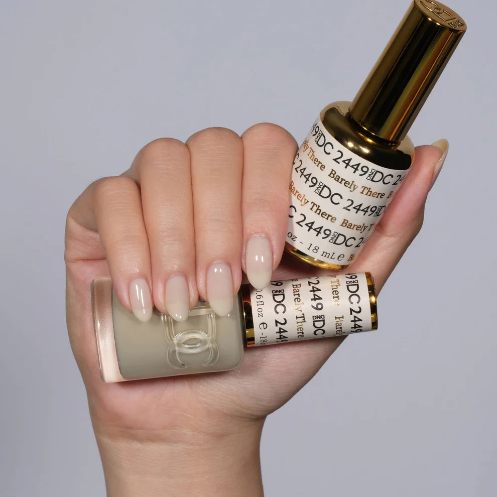 DND DC Gel Duo Barely There #2449 gel nail polish and lacquer set with glossy finish and natural nude shade.