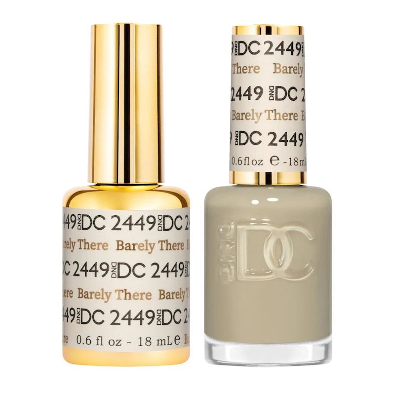 DND DC Gel Duo Barely There #2449 with gel nail polish and lacquer in a soft, natural nude shade on a neutral background.