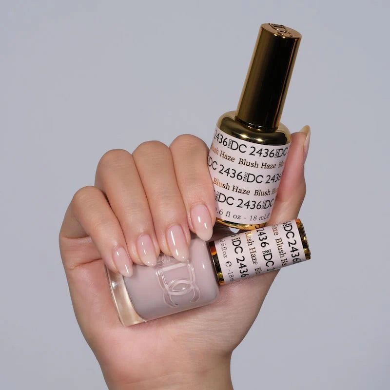 DND DC Gel Duo Blush Haze #2436 gel nail polish and lacquer set with soft pink and beige tones, glossy finish, in a clear bottle