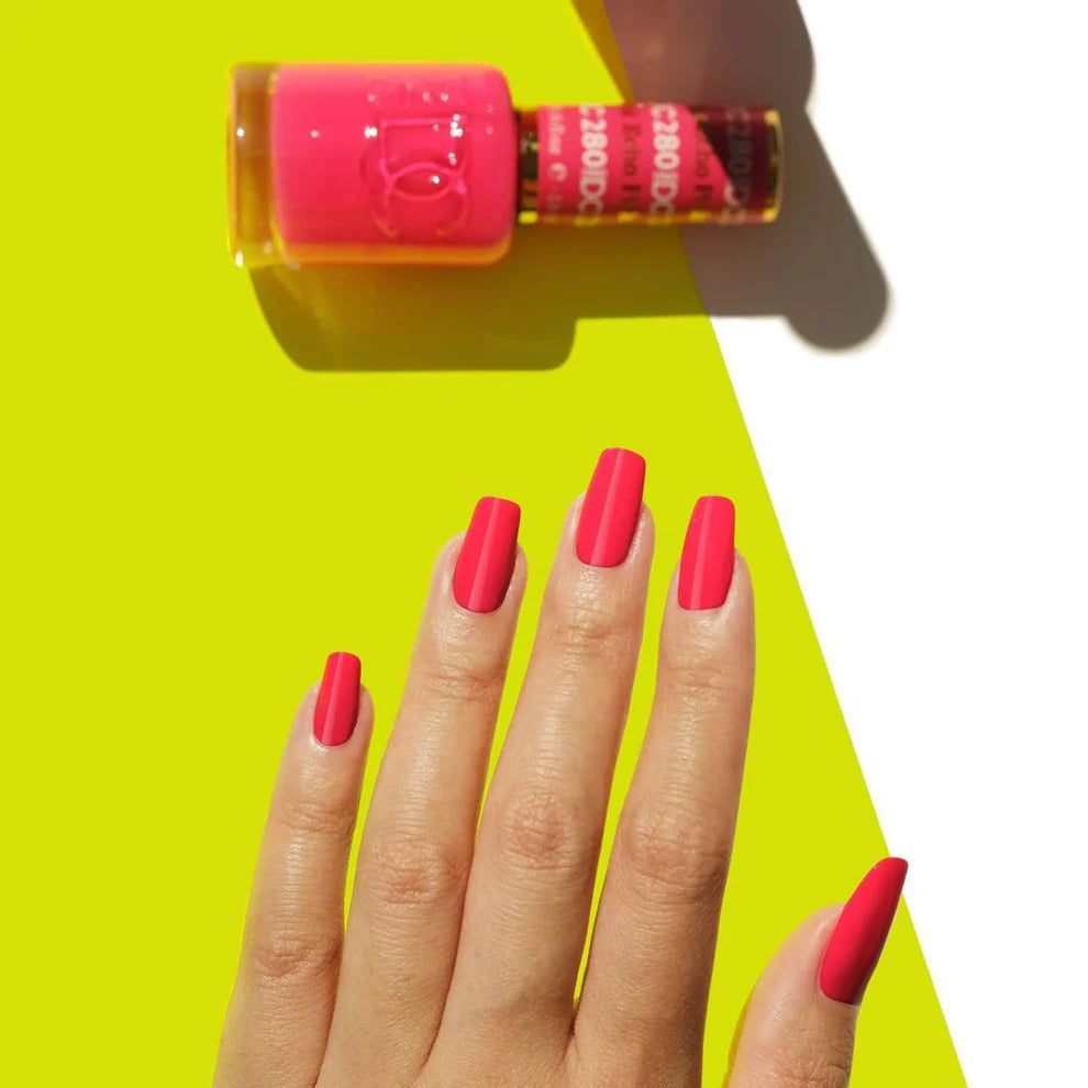 DND DC Gel Duo Echo Pink #280 gel nail polish and lacquer set, showing glossy pink gel nails in a natural hand pose.