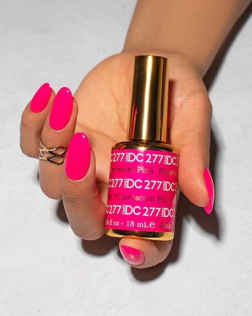 DND DC Gel Duo fluorescent pink gel nail polish and lacquer in shade #277, showing the vibrant, glossy finish of the product.