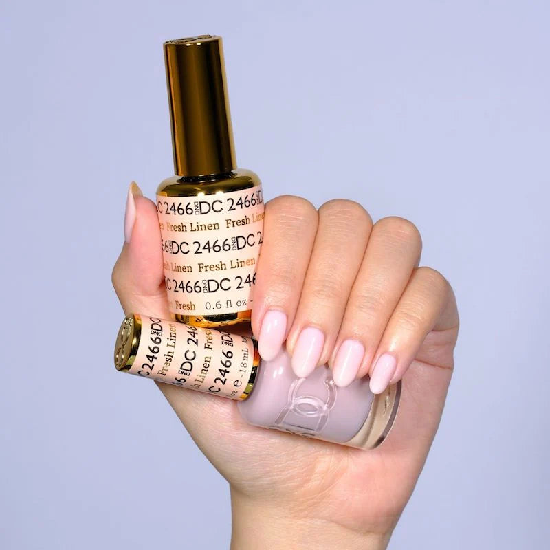 DND DC Gel Duo Fresh Linen nail polish and lacquer set with light, neutral beige shades in sleek bottles.