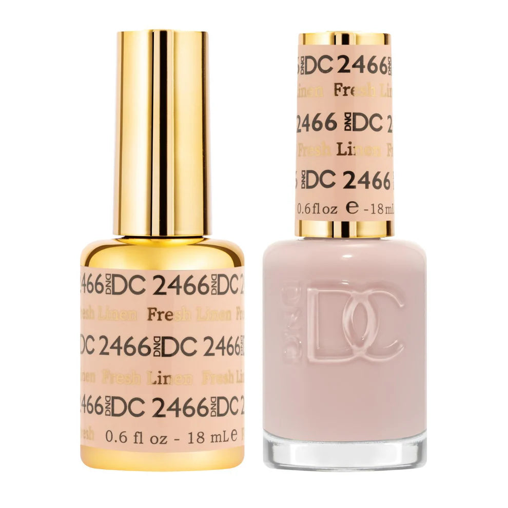 DND DC Gel Duo Fresh Linen nail polish and lacquer set with a soft, neutral beige color, shown in a close-up image.