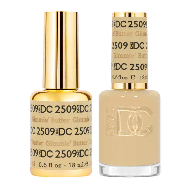 DND DC Gel Duo Gimmie’ Butter #2509 featuring a vibrant gel nail polish and lacquer set with colorful packaging.