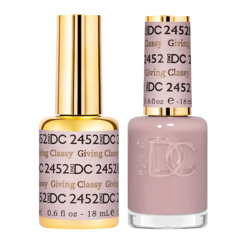 DND DC Gel Duo Giving Classy #2452 with gel nail polish and lacquer bottles, showcasing elegant nail color and packaging.