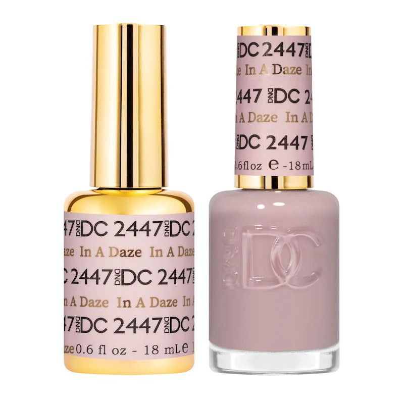 DND DC Gel Duo In A Daze #2447 with a vibrant gel nail polish and lacquer display on a neutral background.