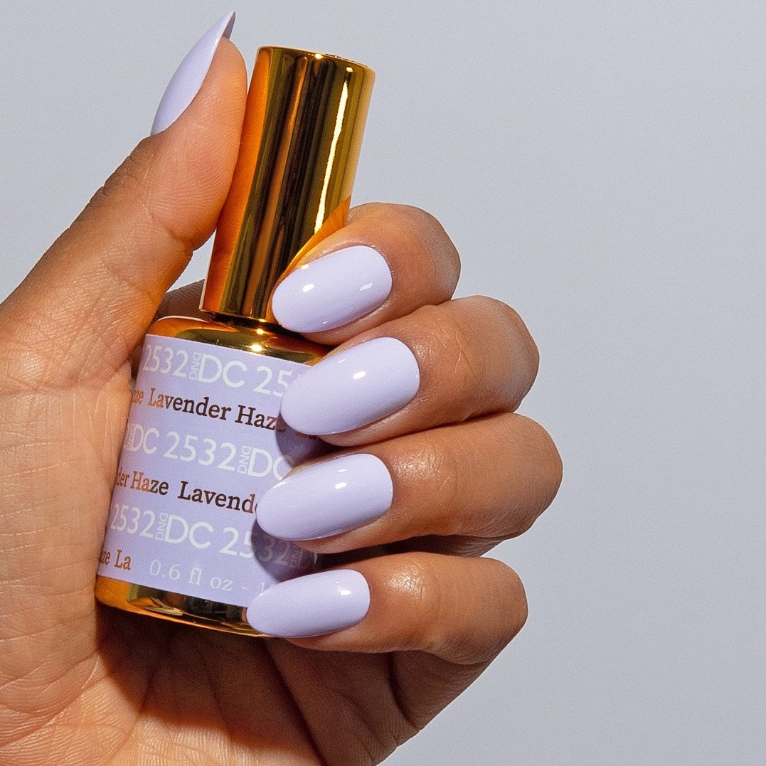 DND DC Gel Duo Lavender Haze #2532 nail polish and lacquer bottles with lavender-colored gel polish and glossy finish.