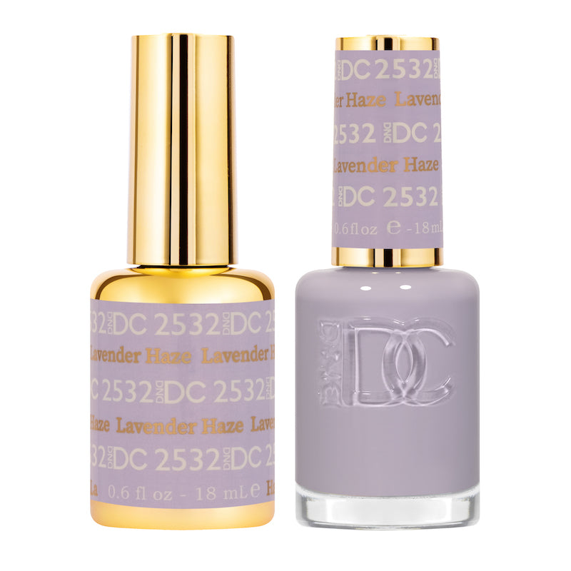 DND DC Gel Duo Lavender Haze #2532 with lavender-colored gel nail polish and lacquer bottles displayed.