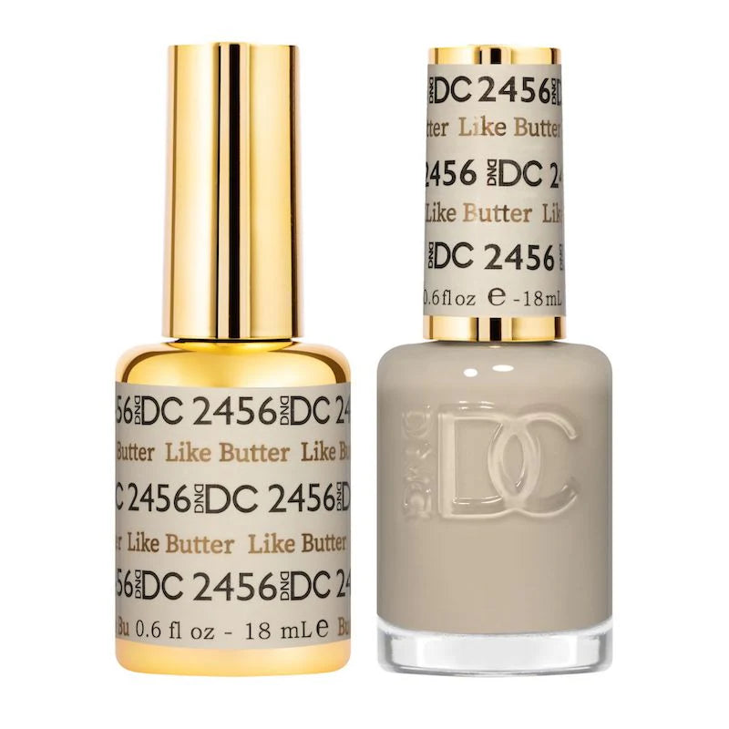 DND DC Gel Duo Like Butter #2456 featuring two gel nail polishes with a glossy finish and smooth application.