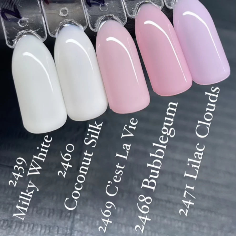 DND DC Gel Duo Lilac Clouds gel nail polish and lacquer swatch on a nail, showcasing a soft, pastel purple color.