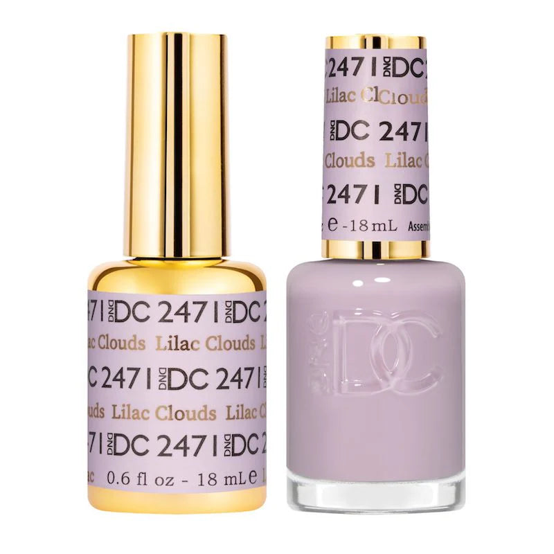DND DC Gel Duo Lilac Clouds gel nail polish and lacquer set with pastel purple and soft lavender shades, glossy finish.