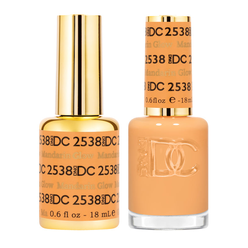 DND DC Gel Duo Mandarin Glow #2538 featuring vibrant orange gel nail polish and lacquer with shiny finish.