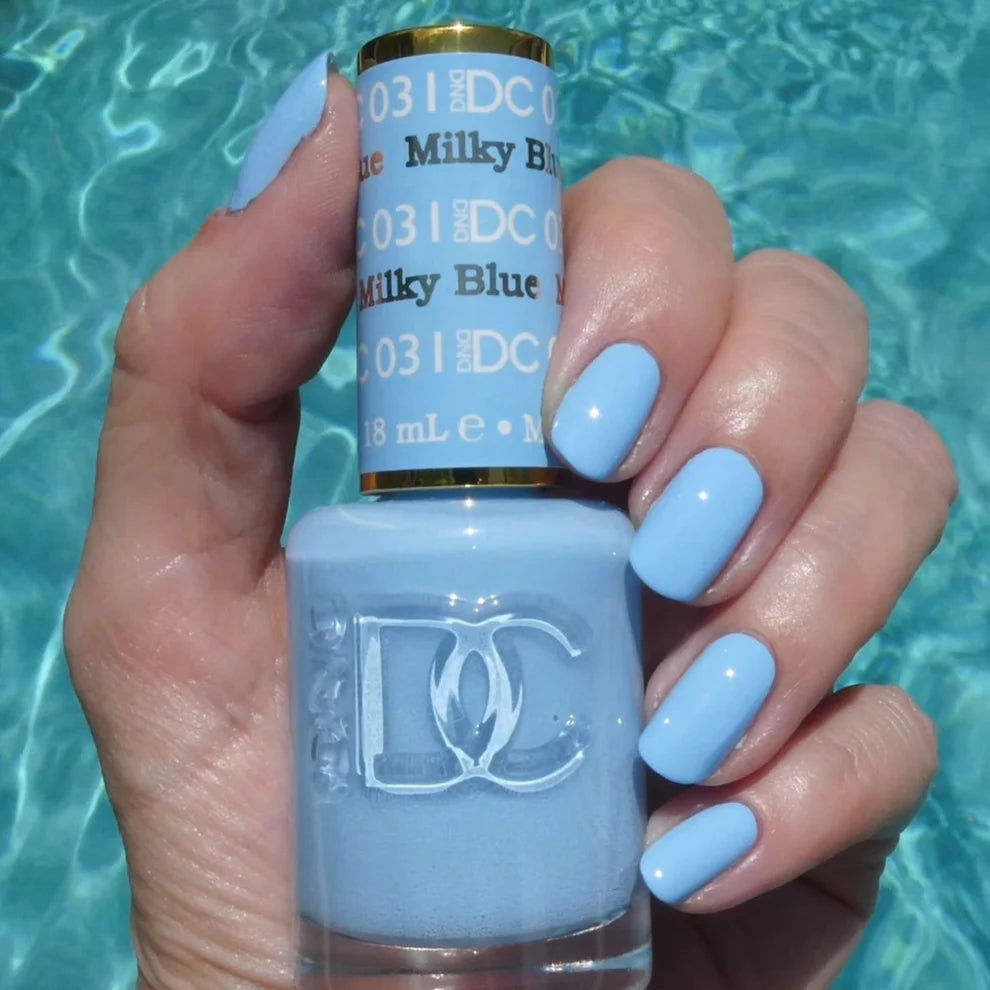 Swatch of DND DC Gel Duo Milky Blue #031 gel nail polish and lacquer, showing a smooth, glossy blue nail finish.