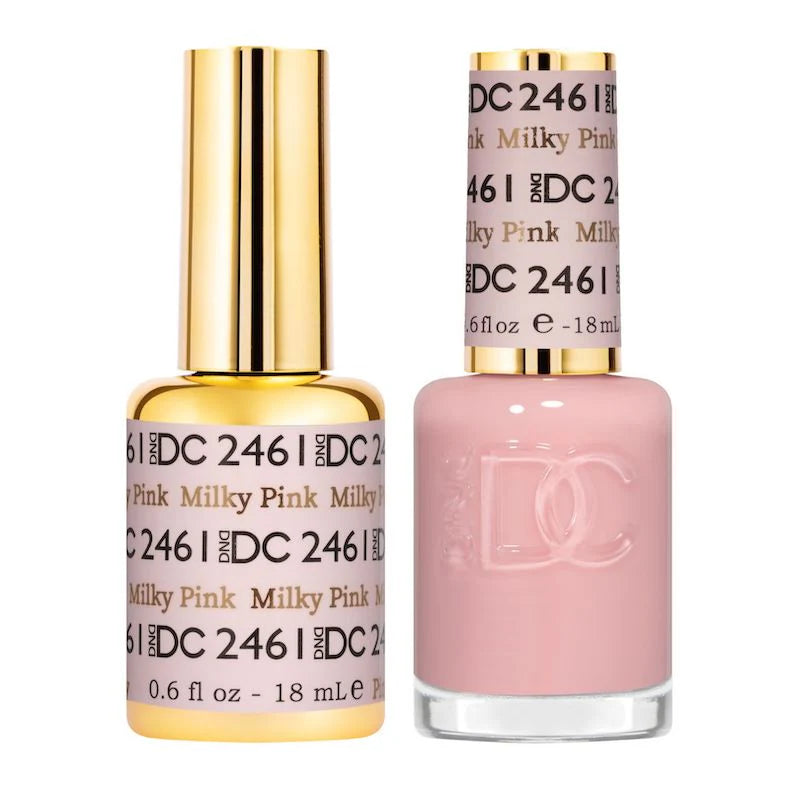 DND DC Gel Duo Milky Pink #2461 gel nail polish and lacquer set, featuring a soft, pastel pink color in a sleek bottle.