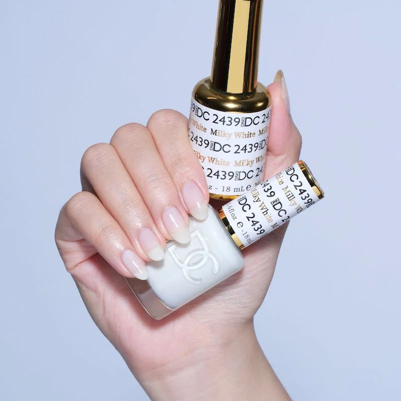 DND DC Gel Duo Milky White #2439 featuring gel nail polish and lacquer in a creamy white shade with shiny finish.