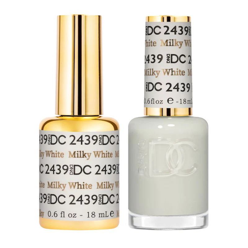 DND DC Gel Duo Milky White #2439 gel nail polish and lacquer set shown in a clear bottle with a white cap.
