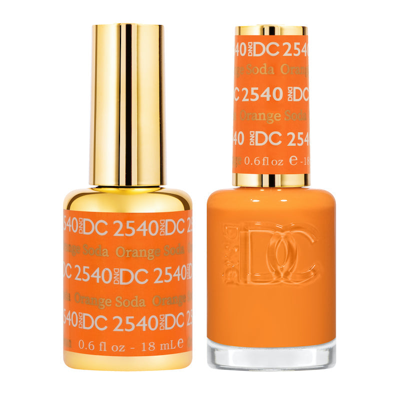 DND DC Gel Duo Orange Soda nail polish and lacquer set with vibrant orange color, glossy finish, and stylish packaging.