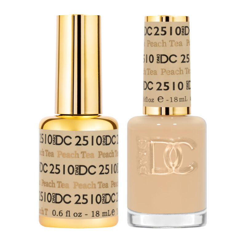 DND DC Gel Duo Peach Tea #2510 nail polish and lacquer set, featuring a vibrant peachy gel color with glossy finish.