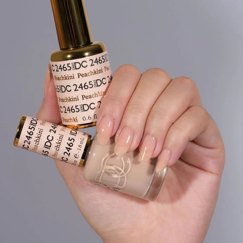DND DC Gel Duo Peachkini #2465 gel nail polish and lacquer set featuring a vibrant peachy color in a clear bottle