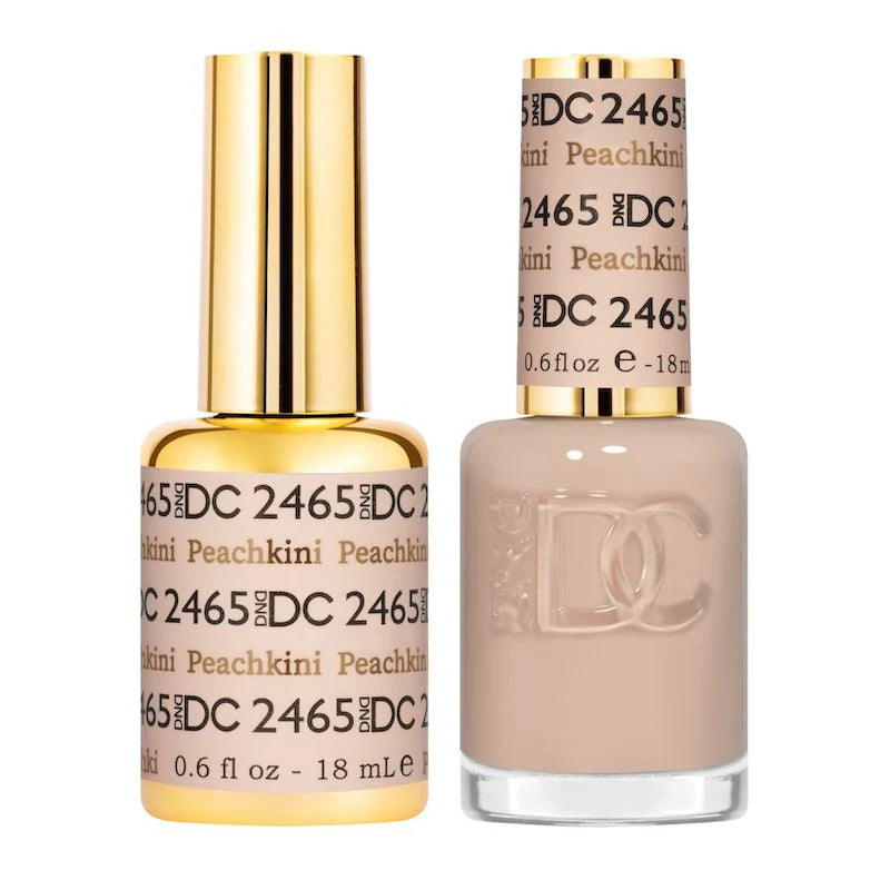 DND DC Gel Duo Peachkini #2465 featuring a vibrant peach gel nail polish and lacquer set displayed in a sleek package.