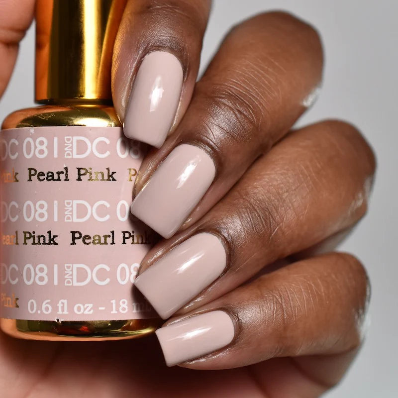 DND DC Gel Duo Pearl Pink #081 gel nail polish and lacquer swatch showing shiny, pearl pink finish on nails.