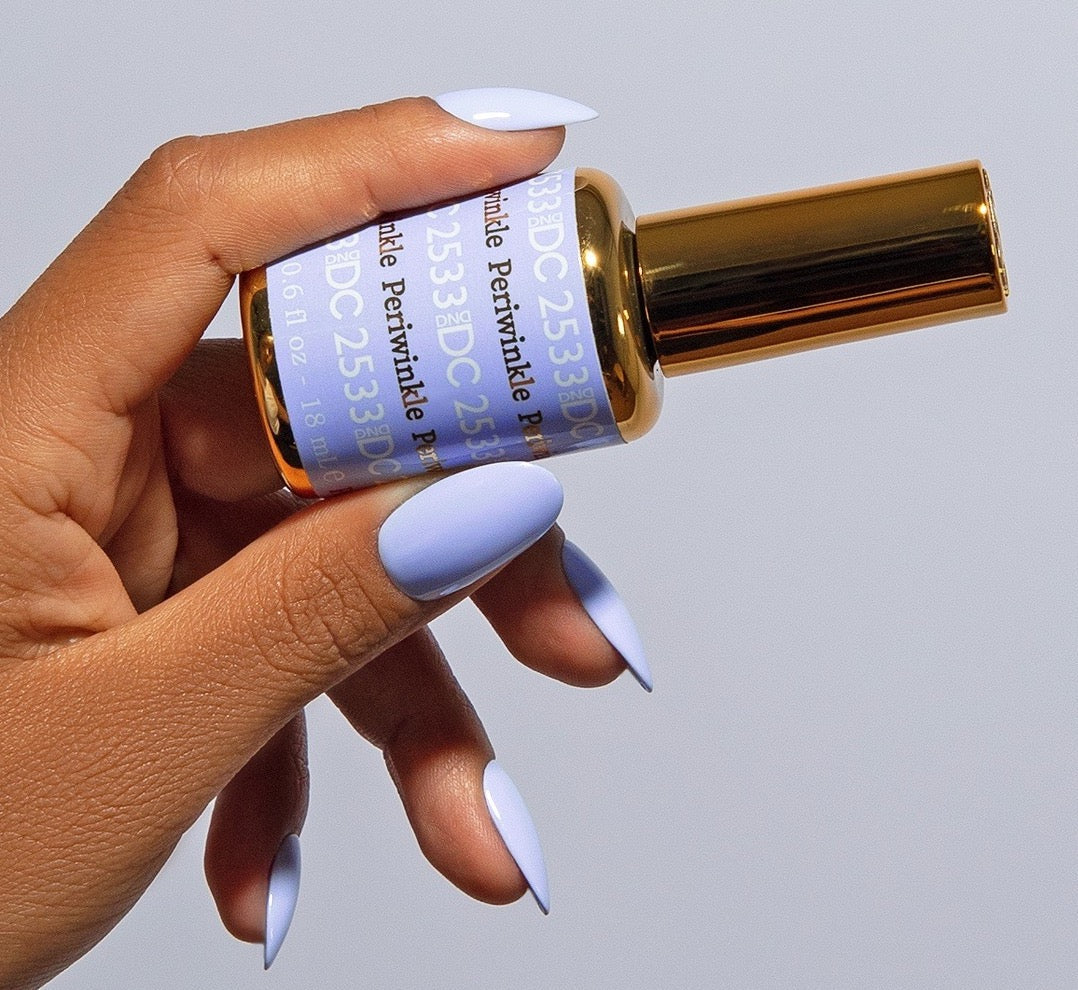 DND DC Gel Duo in Periwinkle #2533 featuring a glossy gel nail polish and lacquer with vibrant periwinkle color.