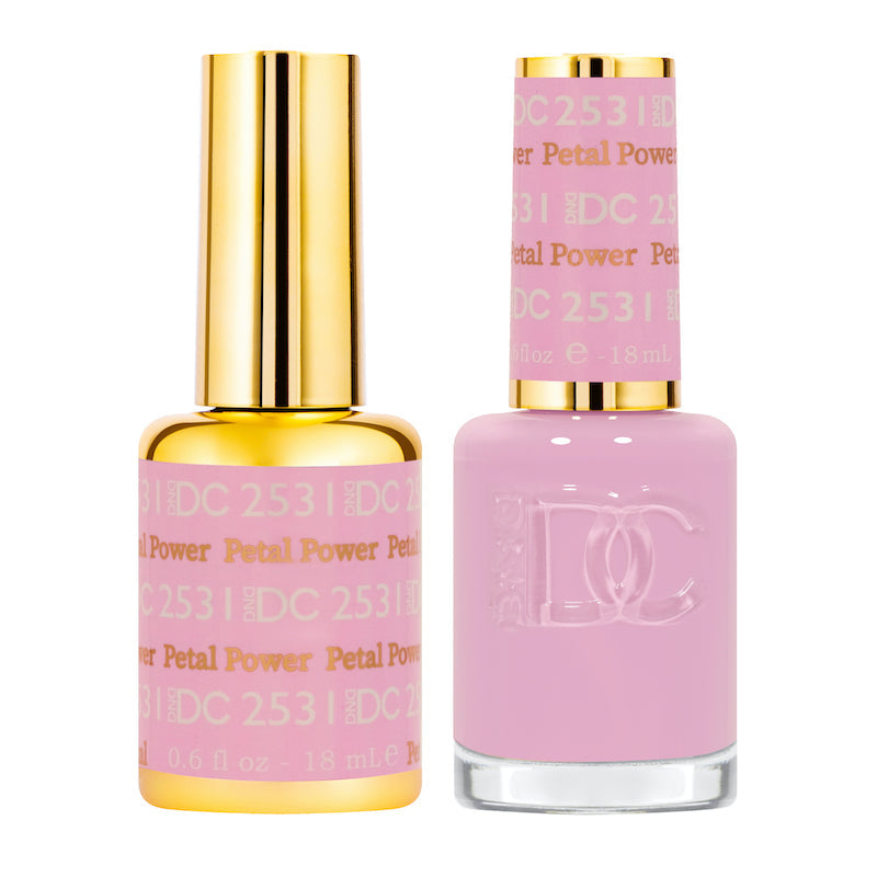 DND DC Gel Duo Petal Power nail polish and lacquer set featuring vibrant pink gel polish and matching lacquer.