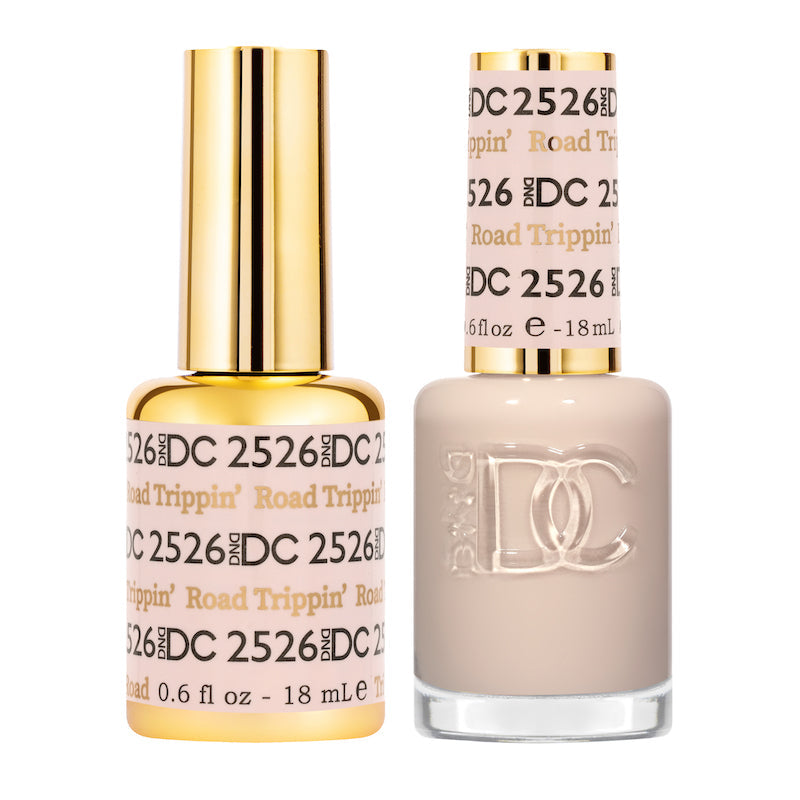 DND DC Gel Duo Road Trippin’ #2526 featuring two vibrant gel nail polish and lacquer bottles with colorful labels.