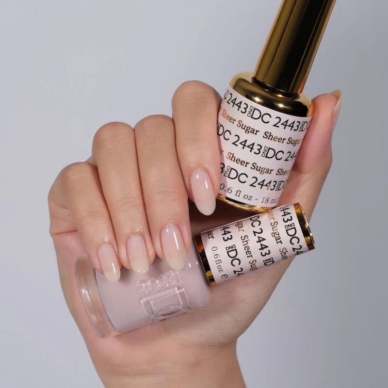 DND DC Gel Duo Sheer Sugar #2443 gel nail polish and lacquer set with pastel pink and shimmer finish, displayed in a clear bottle.