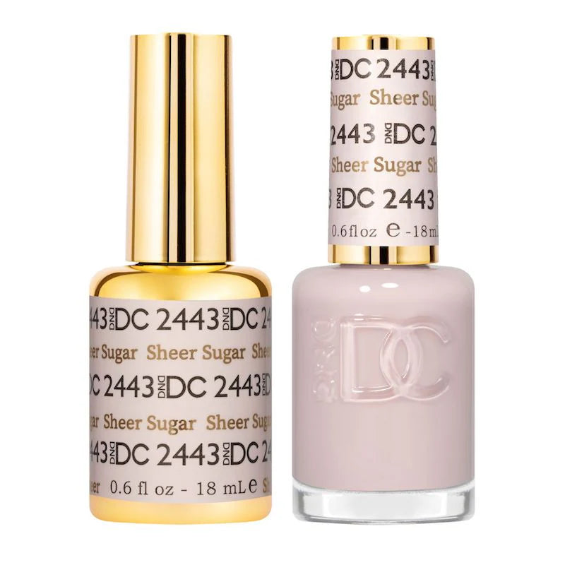 DND DC Gel Duo Sheer Sugar #2443 includes gel nail polish and lacquer in a clear, glossy finish with a subtle sugar tint.
