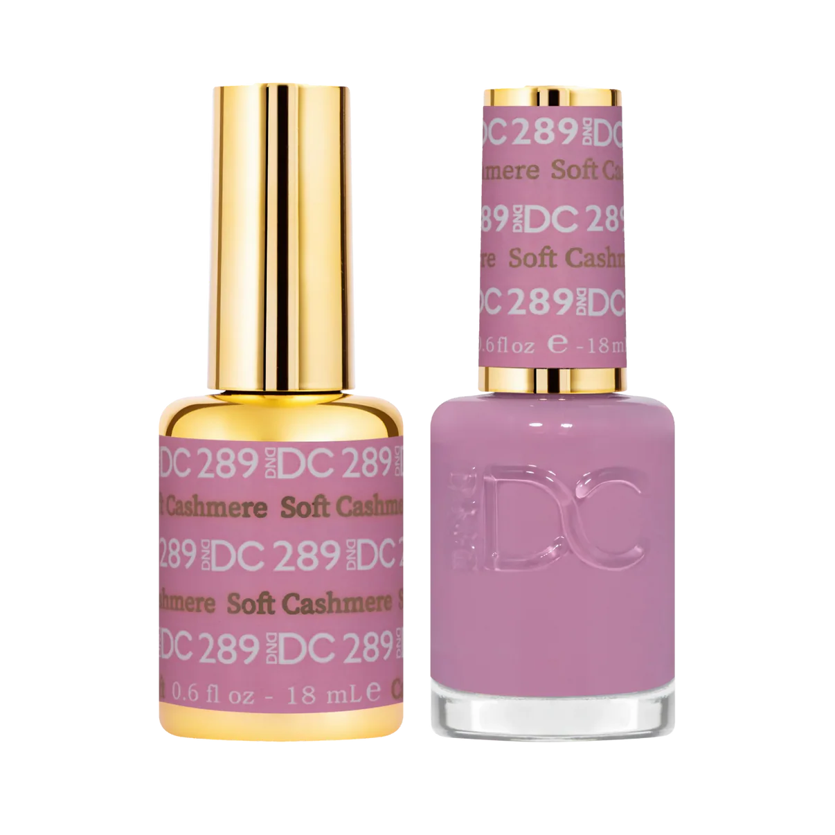 DND DC Gel Duo Soft Cashmere #289, gel nail polish and lacquer set with a smooth, soft beige color, shown in the image.