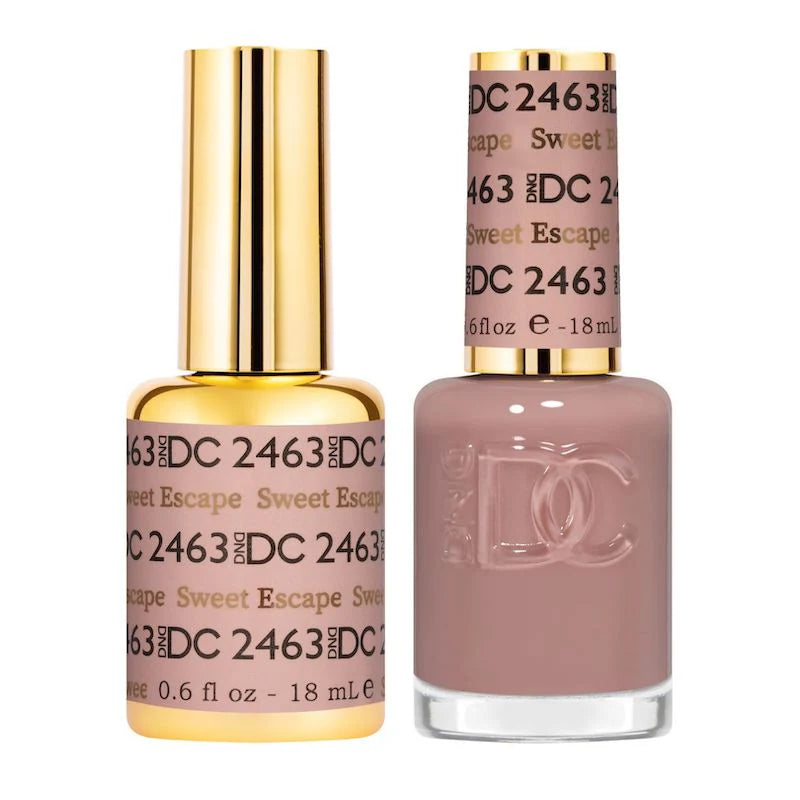 DND DC Gel Duo Sweet Escape #2463 with vibrant gel nail polish and lacquer in a sleek bottle on a neutral background.