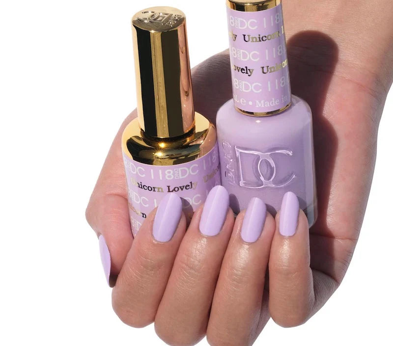DND DC Gel Duo Unicorn Lovely nail polish and lacquer set featuring a vibrant, unicorn-themed gel nail polish color.