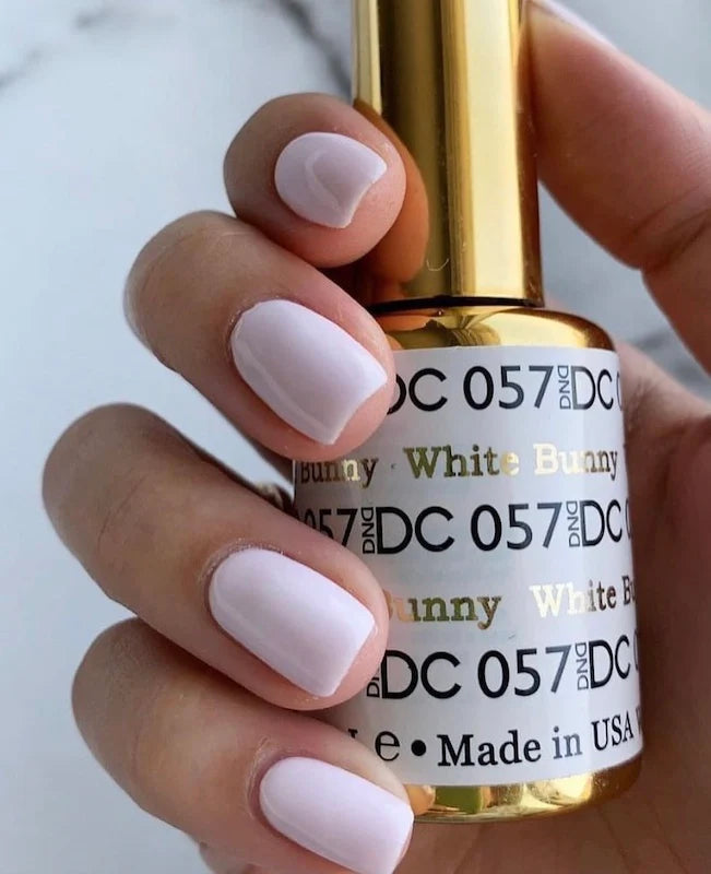 DND DC Gel Duo White Bunny #057 gel nail polish and lacquer set, featuring a glossy white finish and stylish packaging.