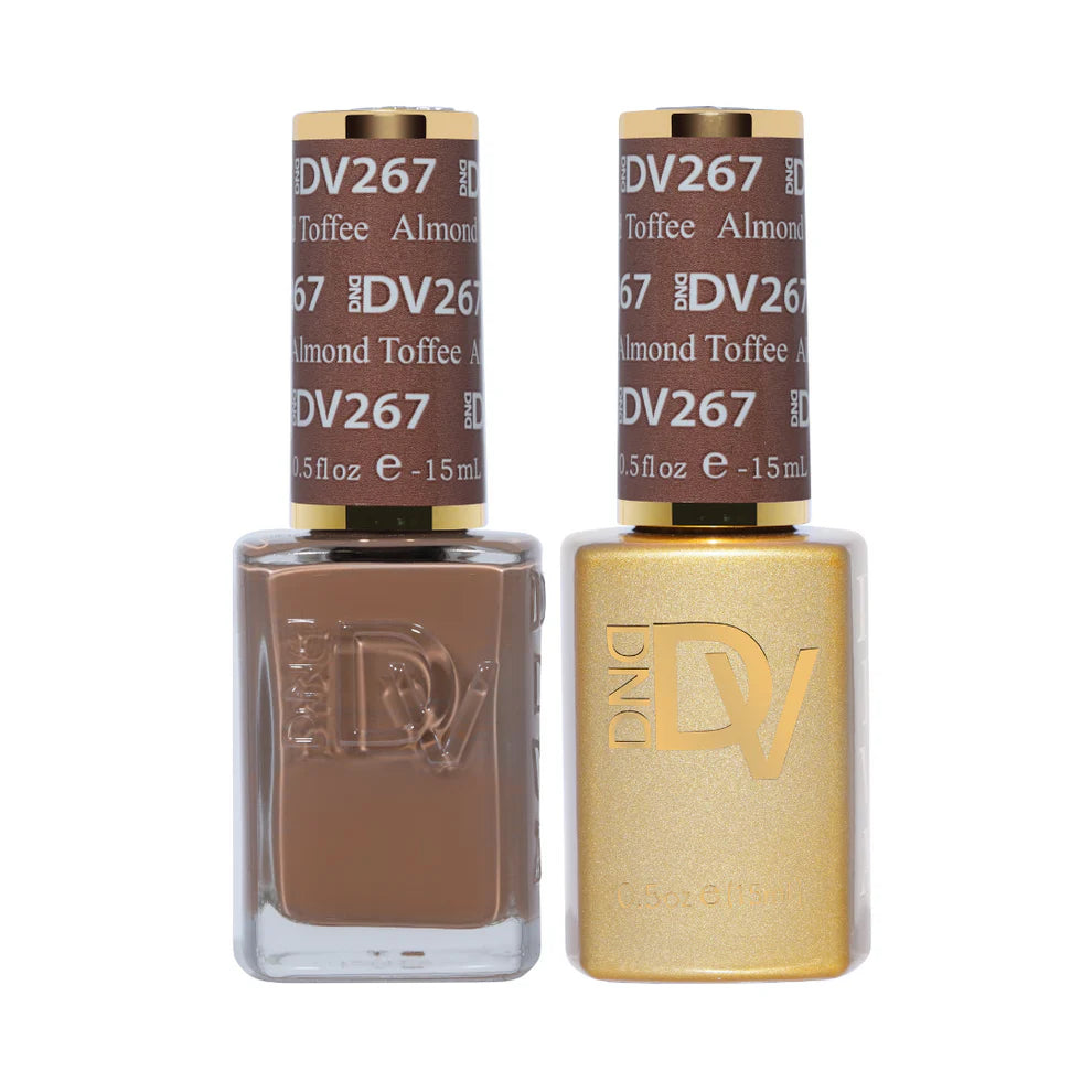 DND Diva Duo Gel and Polish in Almond Toffee, showcasing a glossy gel nail polish and lacquer bottle with almond toffee color.