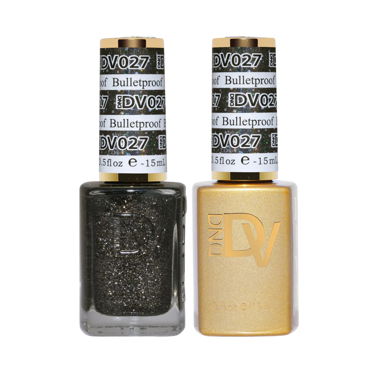 DND Diva Duo Gel & Polish Bulletproof 027 set featuring a glossy gel nail polish and matching lacquer in a sleek bottle.