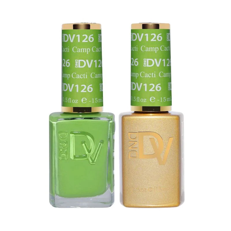 DND Diva Duo Gel & Polish in Camp Cacti 126 featuring vibrant green gel nail polish and matching lacquer in a professional salon setting.