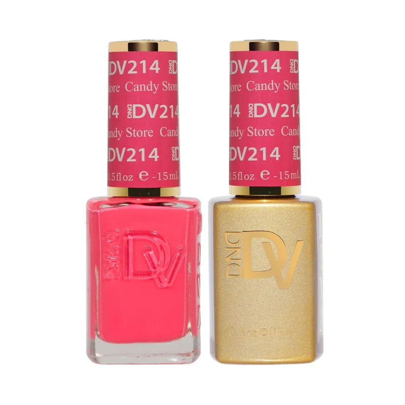 DND Diva Duo Gel & Polish in Candy Store 214, showcasing vibrant pink gel nail polish and matching lacquer on nails.