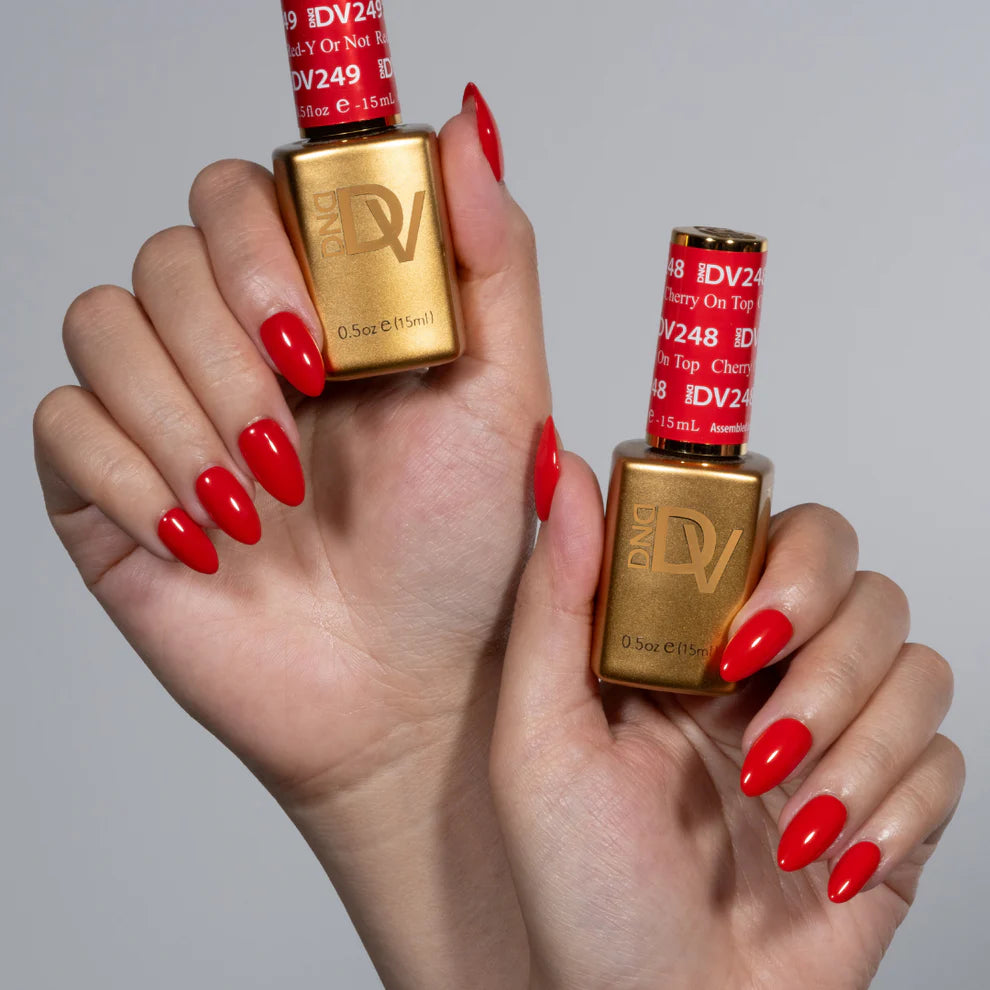 DND Diva Duo Gel and Polish in Cherry On Top, featuring bright red gel nail polish and matching lacquer for vibrant nails.