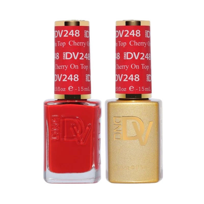 DND Diva Duo gel and polish set in Cherry On Top 248, featuring vibrant red gel nail polish and matching lacquer.