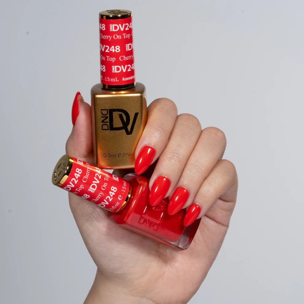 DND Diva Duo Gel & Polish Cherry On Top 248, a vibrant red gel nail polish and lacquer set with a glossy finish.