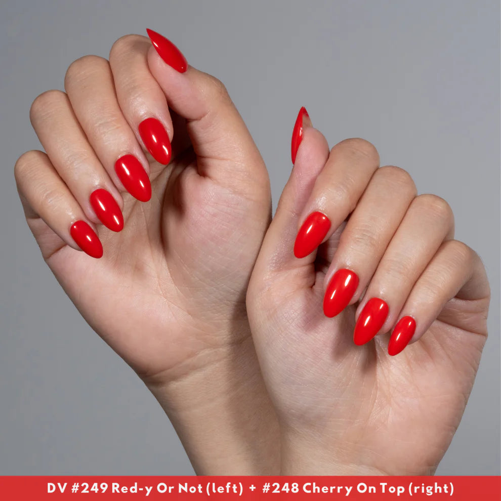 DND Diva Duo Gel and Polish in Cherry On Top, vibrant red gel nail polish and lacquer with shiny finish.