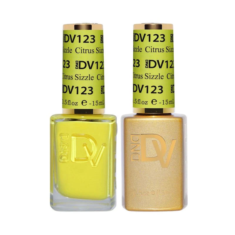 DND Diva Duo Gel & Polish Citrus Sizzle 123 with a bright orange gel nail polish and matching lacquer in a clear bottle