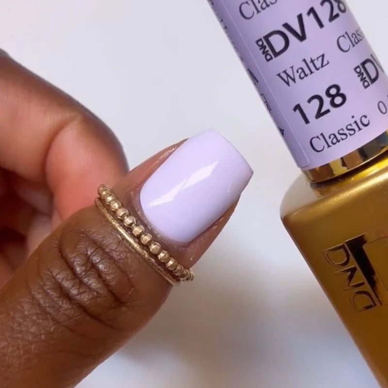 DND Diva Duo Gel & Polish Classic Waltz 128 featuring a vibrant gel nail polish and lacquer in a stylish bottle.