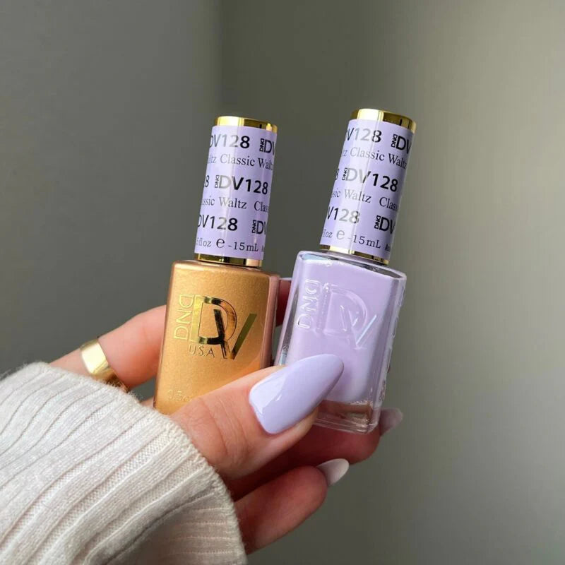 DND Diva Duo Gel and Polish in Classic Waltz 128, showing a glossy gel nail polish and lacquer bottle with a smooth finish.