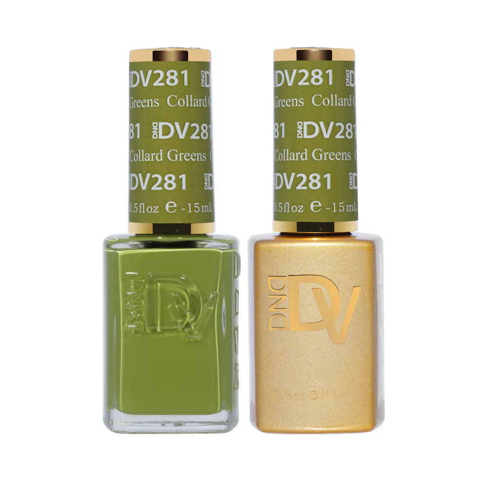 DND Diva Duo Gel & Polish Collard Greens 281 featuring vibrant green gel nail polish and matching lacquer for stylish nails.
