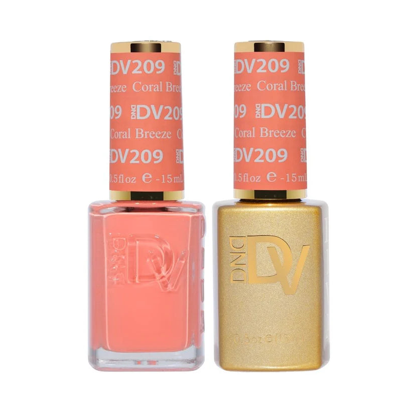 DND Diva Duo Gel & Polish in Coral Breeze 209, featuring a vibrant coral gel nail polish and matching lacquer for a stylish manicure.