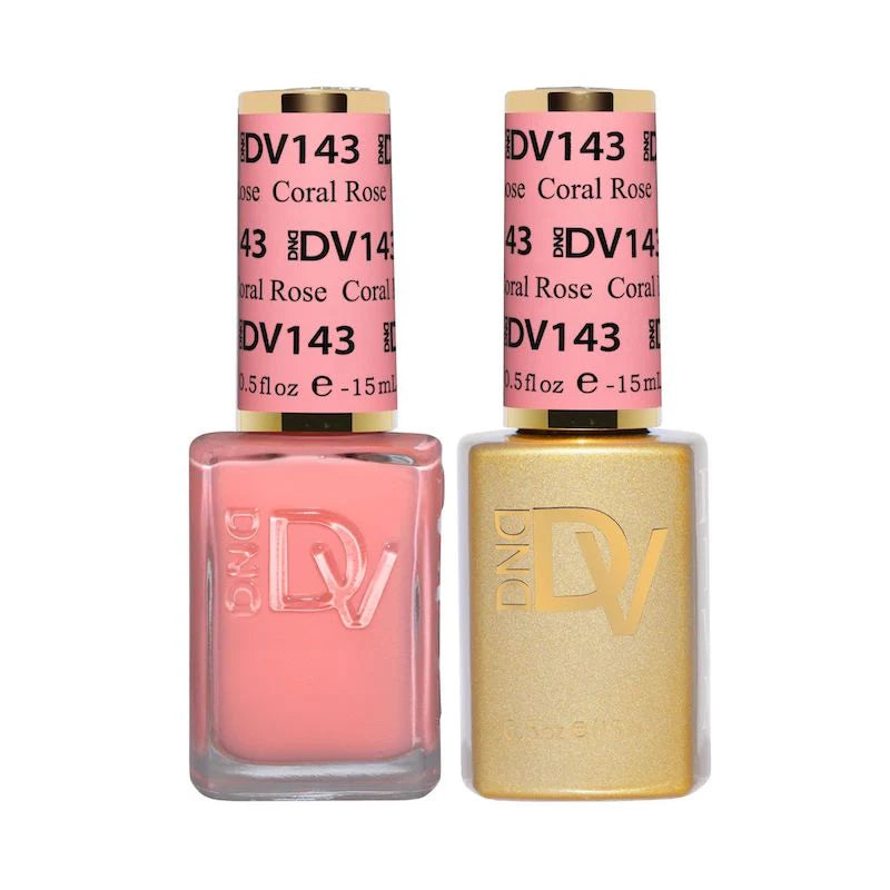 DND Diva Duo Gel & Polish in Coral Rose 143, featuring a vibrant gel nail polish and lacquer with a glossy finish.